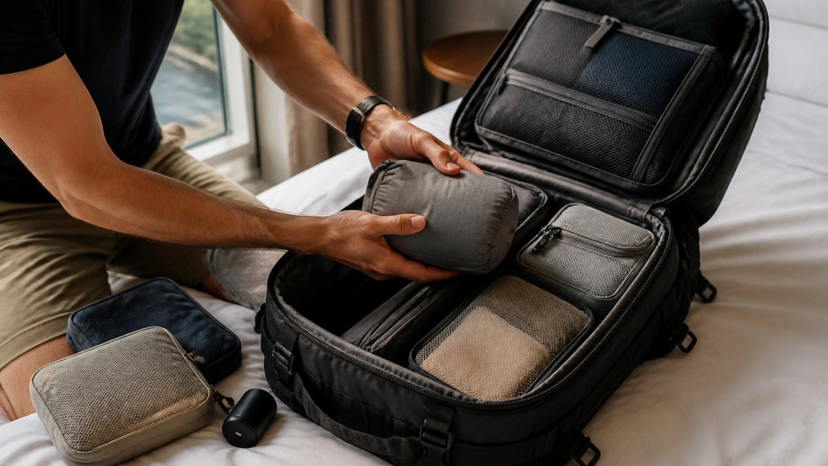 Traveller packing a backpack with compressed clothing items and packing cubes neatly organised inside compartments, natural lighting from a hotel window