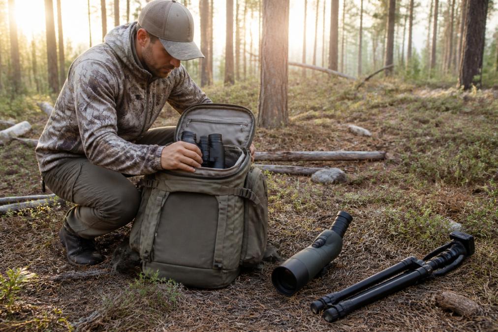 A hunter kneeling beside an open backpack on pine duff, placing binoculars into a padded top-lid compartment, spotting scope and folded tripod resting on the ground beside him, soft morning light through lodgepole pines