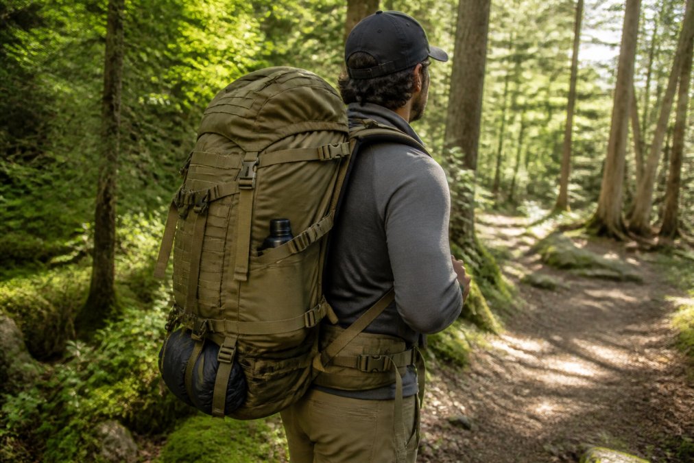 Person wearing properly fitted backpack with weight positioned against back panel, demonstrating correct posture and load distribution during outdoor hiking on forest trail with natural sunlight filtering through trees