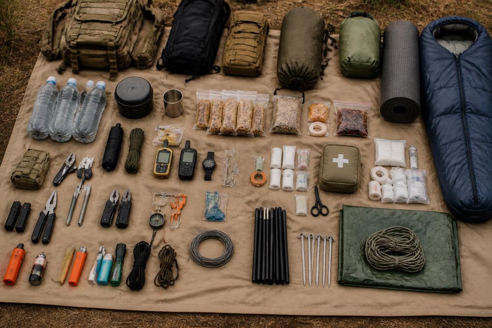 Survival gear items laid out on tan canvas tarp in organized categories before packing, including water bottles, food rations, first aid kit, shelter items, and signaling devices arranged in clear sections with natural outdoor lighting