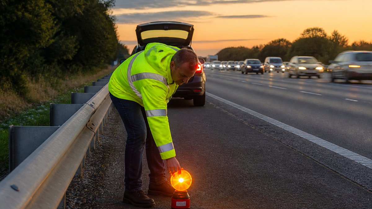 How to Pack Your Car for Long Distance Travel Driver placing a warning beacon behind a motorway barrier during long distance travel at dusk
