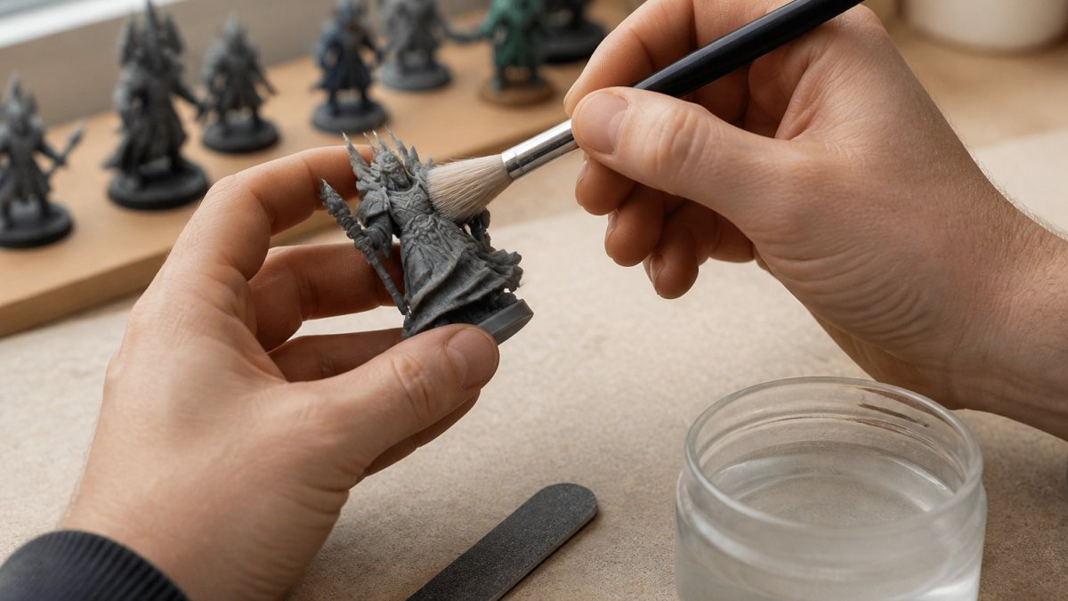 Hands gently brushing dust off a grey 3D printed miniature before you paint 3d printed miniatures at a desk.