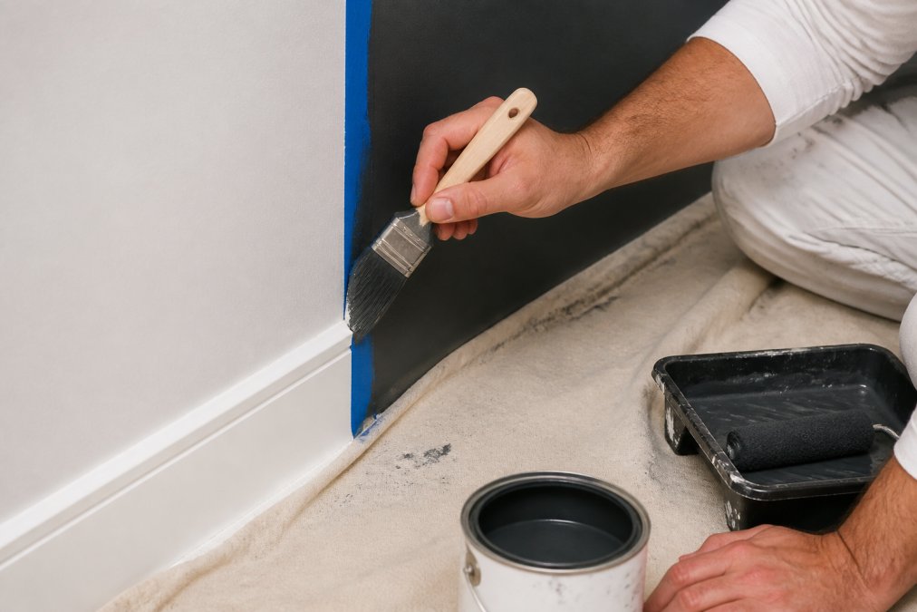 Close-up of a painter's hands using an angled sash brush to cut in a crisp edge along a wall corner next to painter's tape, with a drop cloth on the floor