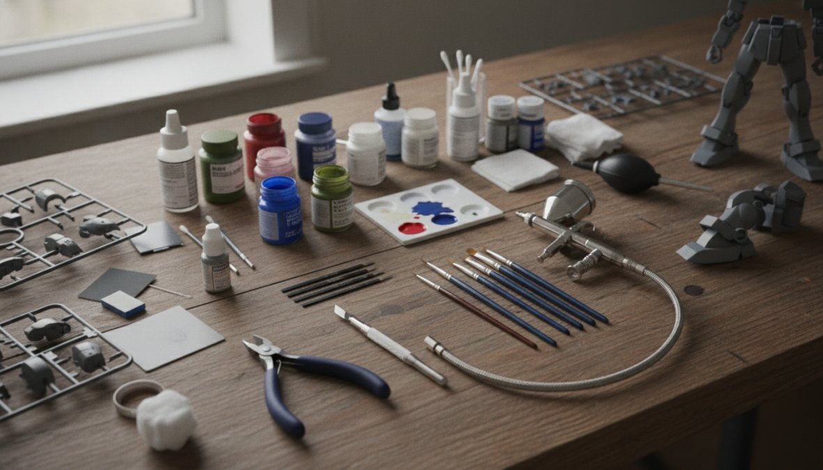 Flat lay of essential Gundam painting tools including airbrush, spray booth, respirator, masking tape, nippers, sandpaper, primer bottles, and acrylic paint arranged on a clean white work surface with natural lighting