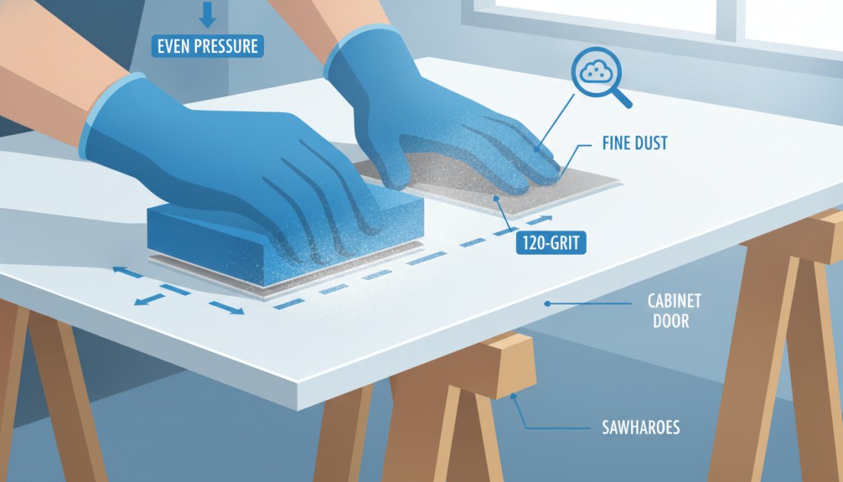 Close-up of hands using a sanding block on a flat cabinet door laid across sawhorses, showing even pressure technique with 120-grit sandpaper and fine dust visible in natural workshop lighting