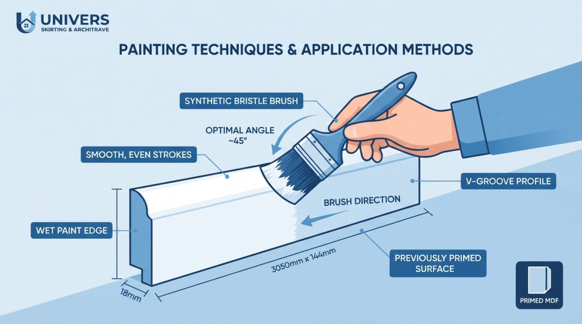 Close-up of a hand holding a synthetic bristle brush at a 45-degree angle, applying white paint to MDF skirting board with smooth, controlled strokes