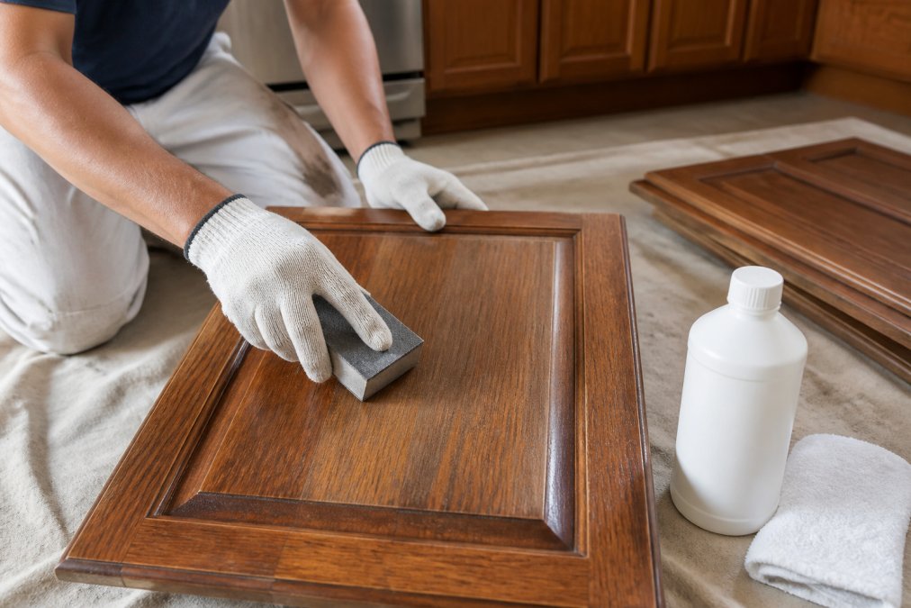 A person wearing work gloves using a sanding block on a wooden kitchen cabinet door, with a tack cloth and deglosser bottle nearby on a drop cloth