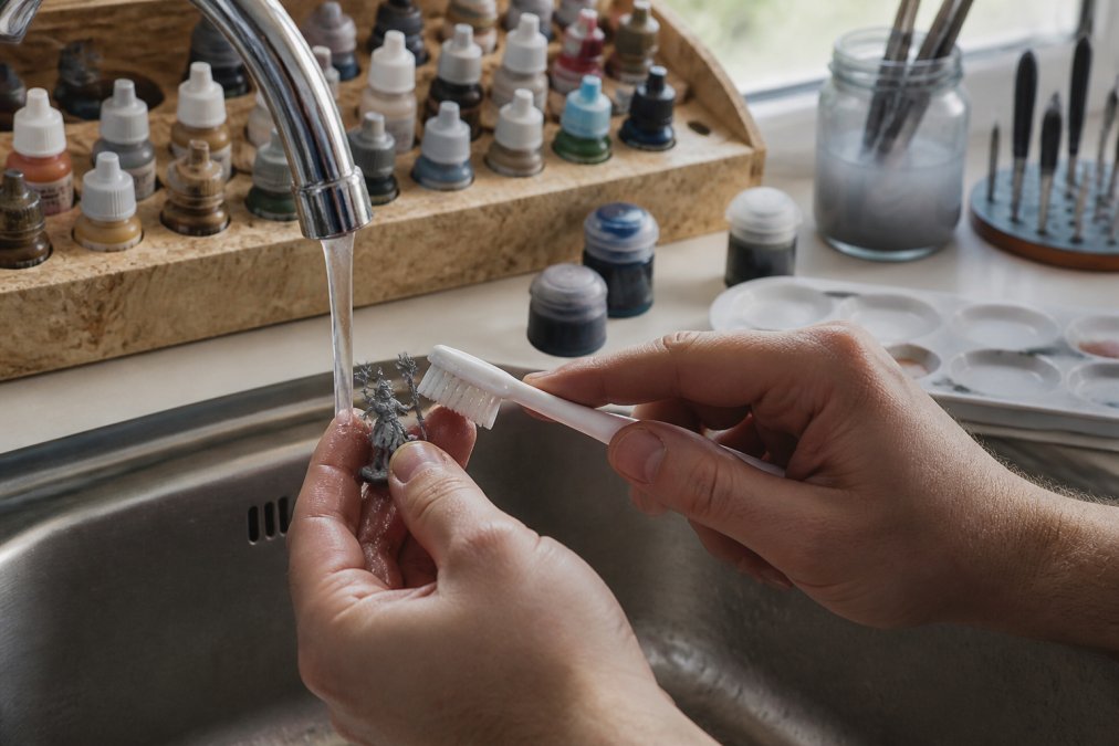 Close-up of hands washing a small grey resin fantasy miniature under warm running water with a soft toothbrush, paint pots and a wet palette on a hobby desk behind, daylight from a window