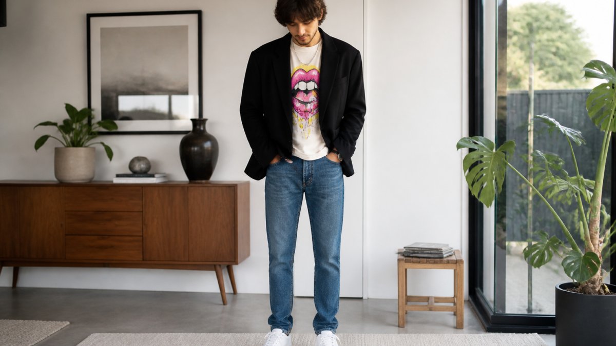 A person wearing a bold graphic t-shirt under a relaxed-fit black blazer, paired with straight-leg jeans and clean white trainers, standing in a bright modern room with a neutral background