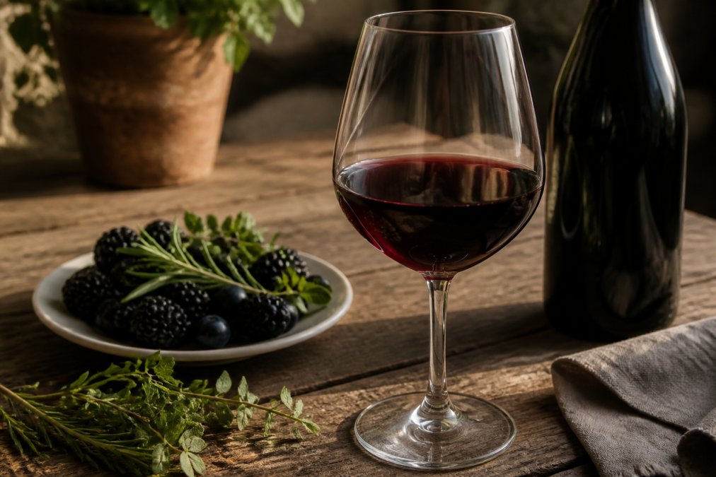 A close-up of a glass of deep ruby Touriga Nacional wine on a rustic wooden table, with the bottle and a small plate of dark berries and fresh herbs nearby, lit by warm afternoon light