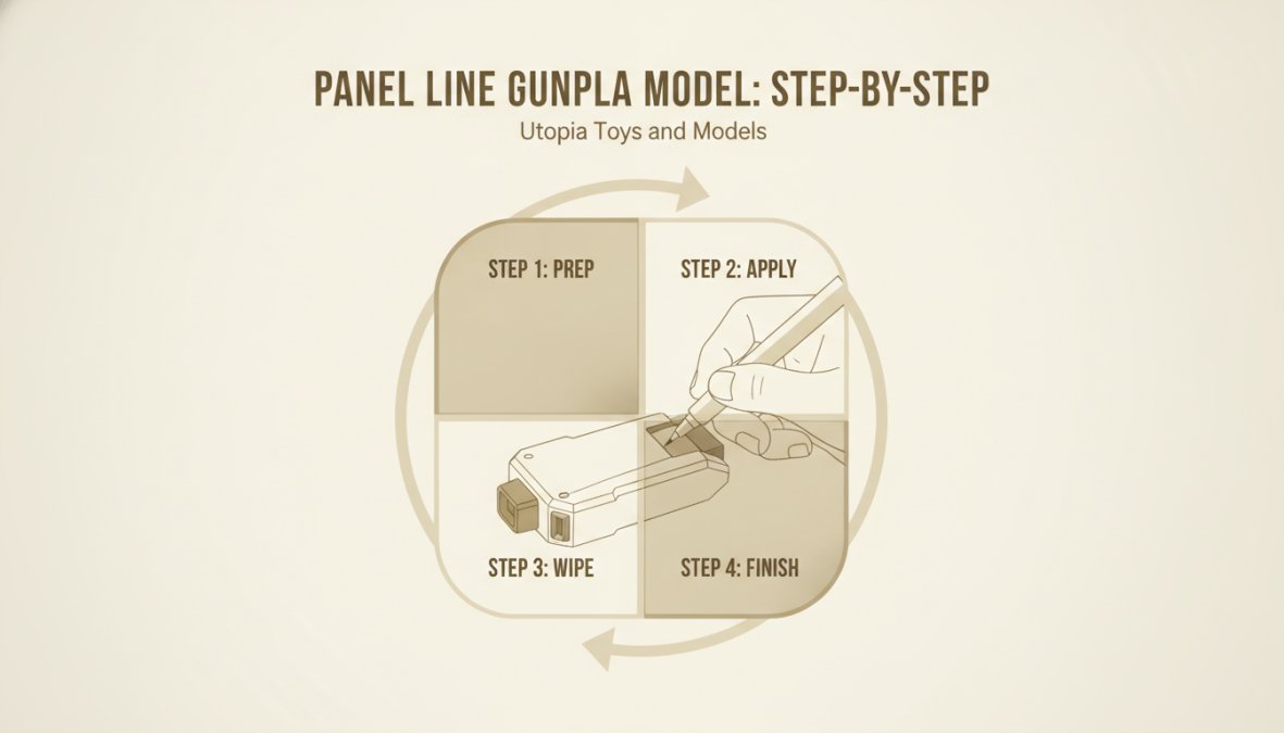 Close-up of hands carefully applying panel line marker to a Gundam model kit, showing precise control and steady technique on recessed panel details with natural lighting