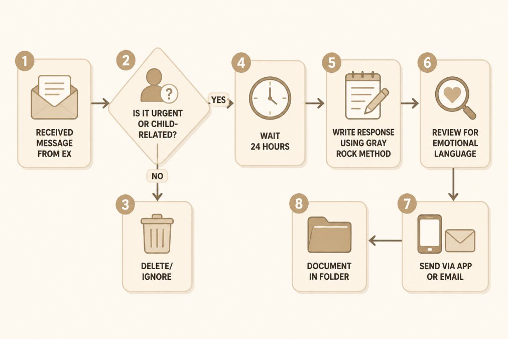 How to Parallel Parent With a Narcissist 1 Flowchart outlining how to parallel parent with a narcissist by managing communication through a structured response process.