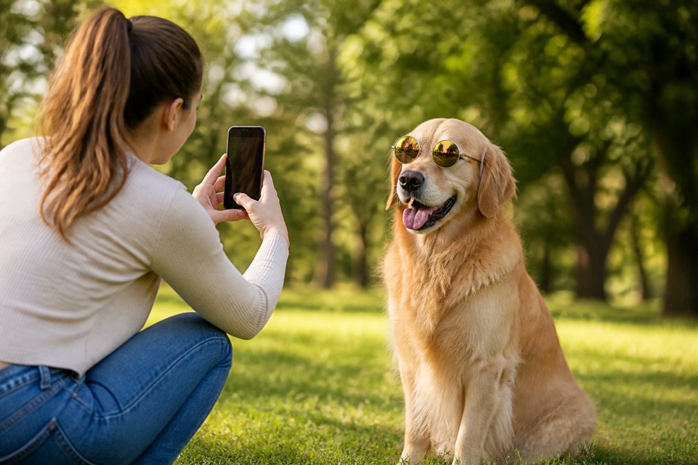 Pet owner photographing their golden retriever outdoors in natural sunlight, kneeling beside the dog with smartphone camera raised, dog in sharp focus with blurred green background
