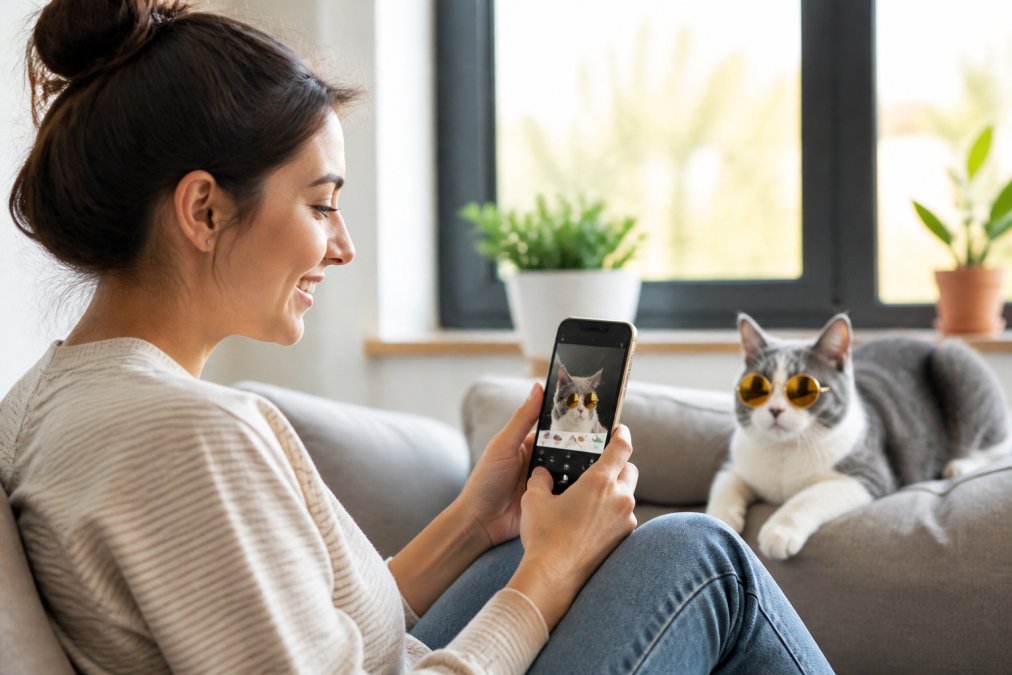 Woman sitting on couch holding smartphone displaying her pet's contest photo on social media, smiling while sharing the entry with a bright window behind her