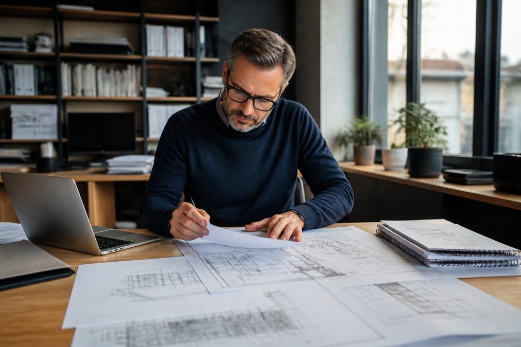 Architect reviewing building plans and specifications at a desk with technical drawings, laptop, and documentation spread out in a modern office
