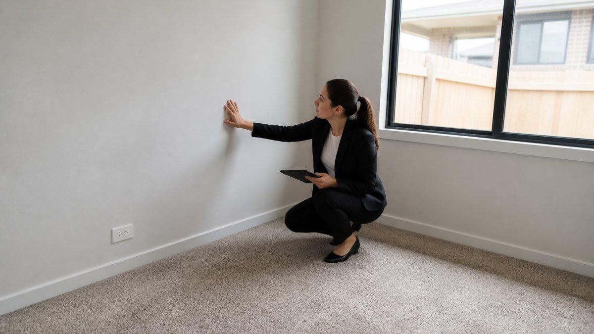 Rental property bedroom being inspected with property manager checking walls and carpet condition, natural daylight from window