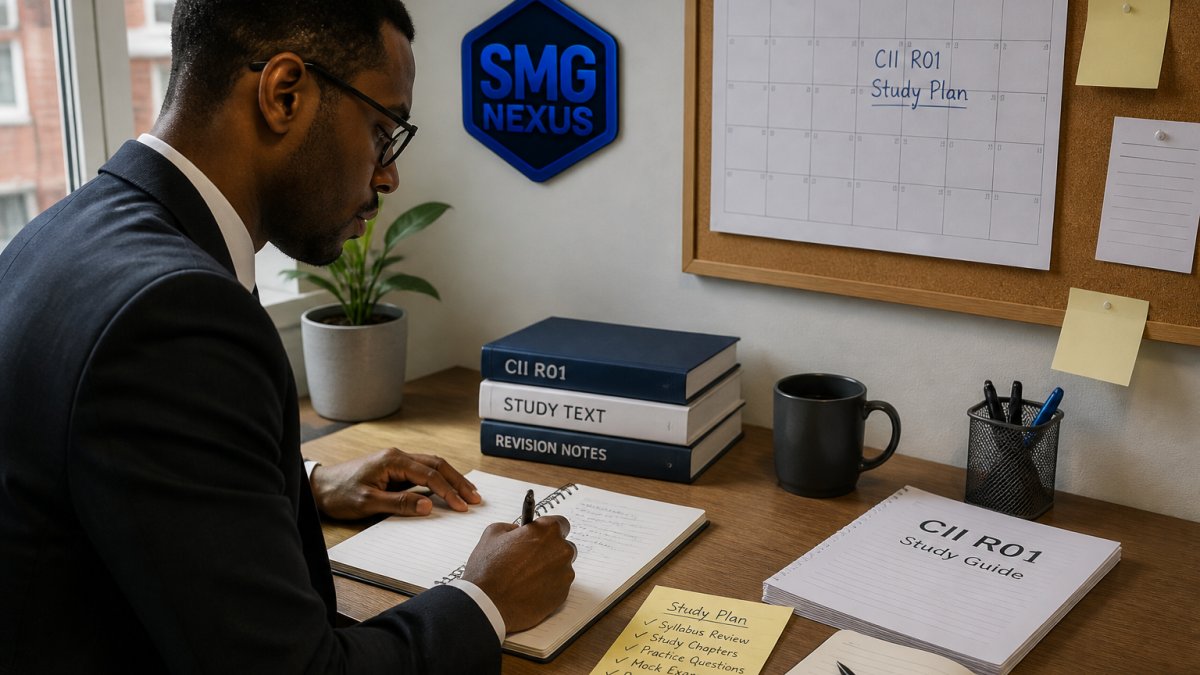 Financial professional studying at a desk with textbooks and a laptop
