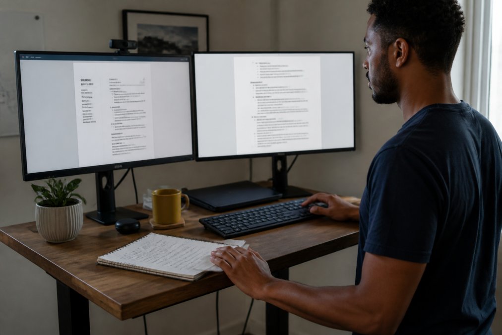 A data engineer at a standing desk reviewing a resume on one monitor and a job description on another, with a notebook of handwritten metrics beside the keyboard