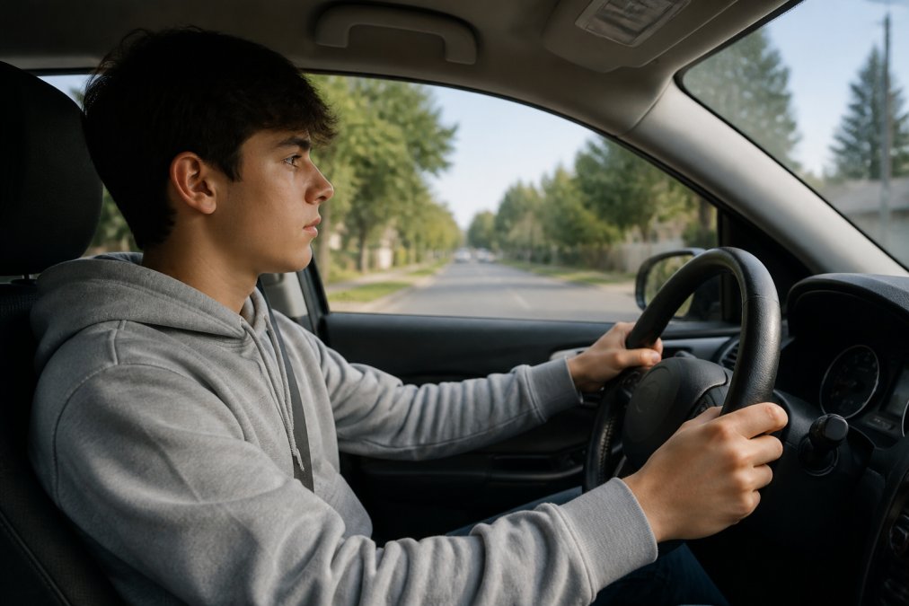 Young driver sitting in the driver's seat of a car, hands on the steering wheel, looking focused and calm with a clear road ahead
