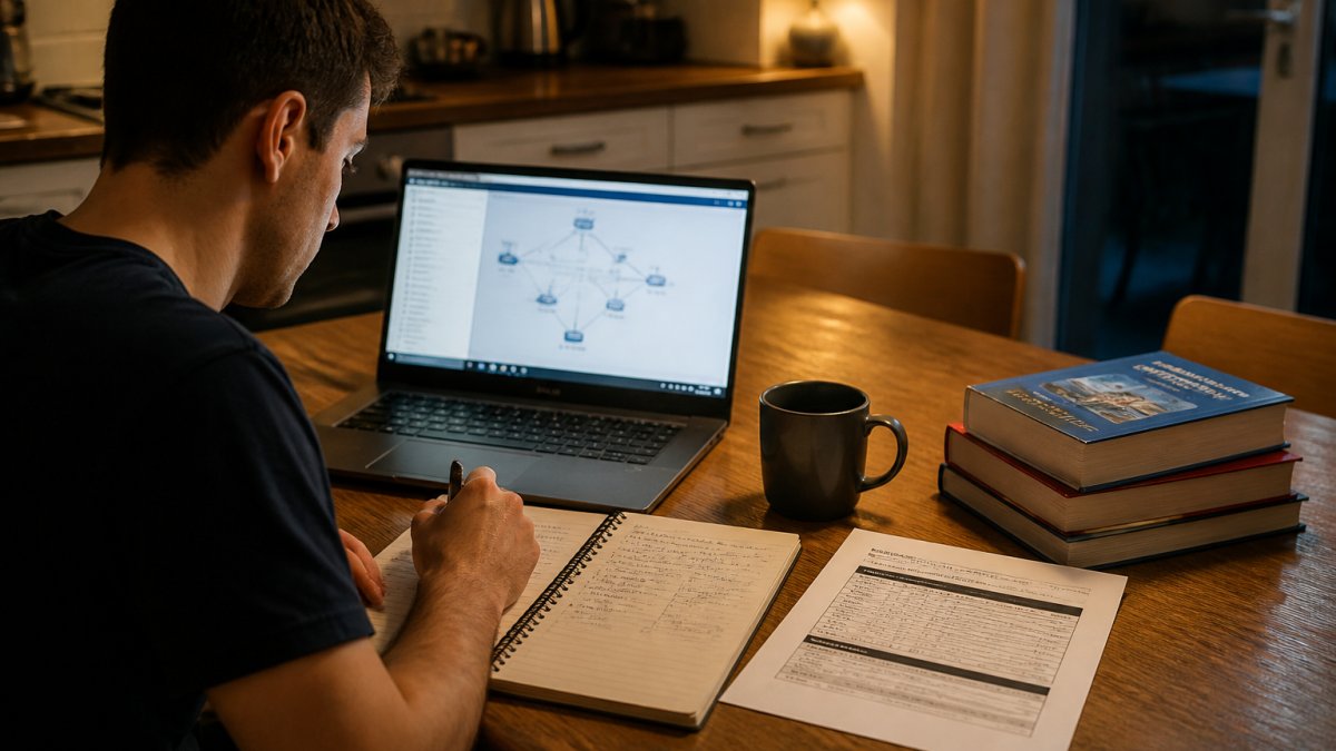 Infographic comparing full-time and part-time study timelines to pass CCNP exam with a home lab setup.