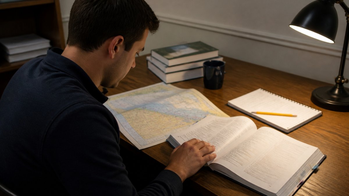 An aircraft dispatcher trainee studying aviation weather charts and a flight planning manual at a desk, laptop open, notebook and pencil nearby, warm desk lamp lighting