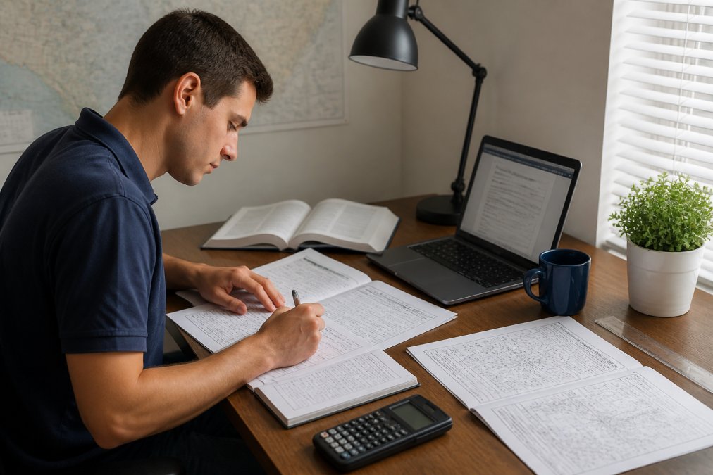Aviation student studying at desk with laptop displaying practice exam questions, METAR charts, and weight and balance worksheets spread across workspace with natural desk lighting