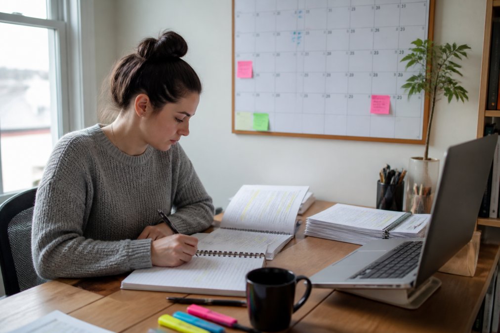 Professional studying at a desk with notes and a calendar to pass series 7