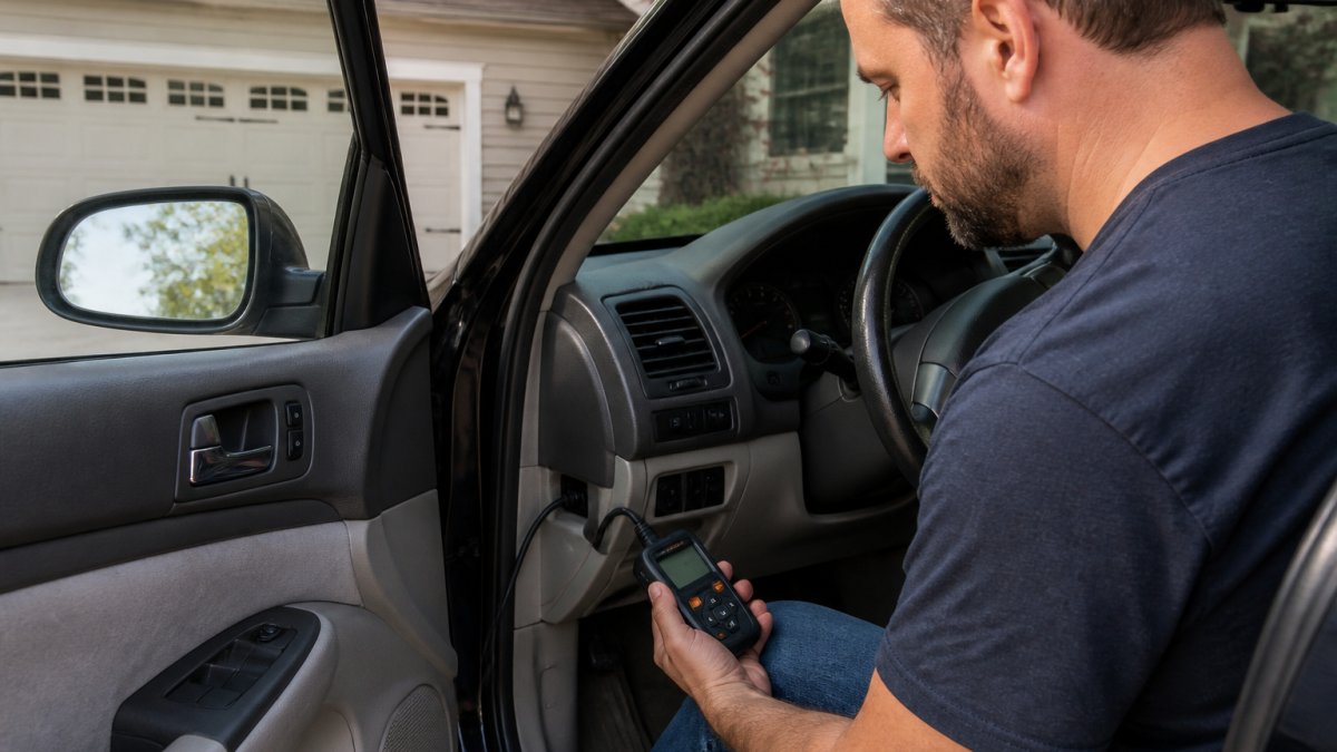 A driver holding a small OBD-II scanner connected to a car's diagnostic port under the dashboard, looking at the scanner screen in a driveway