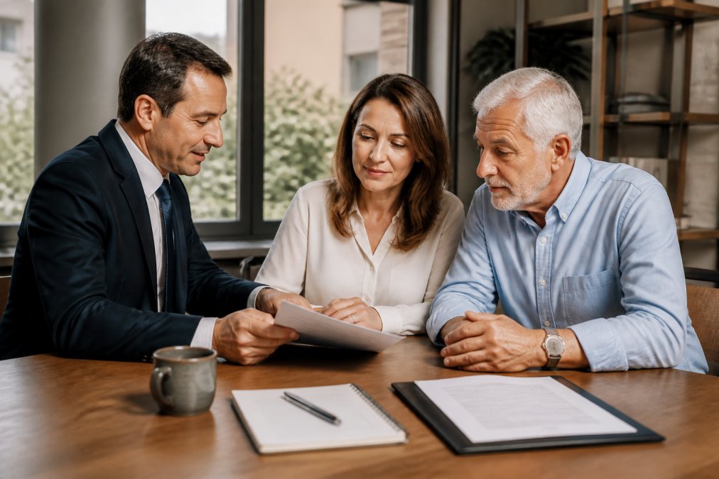Financial advisor and clients reviewing estate planning documents at a wooden desk with coffee, notepad, and trust paperwork visible in natural afternoon light