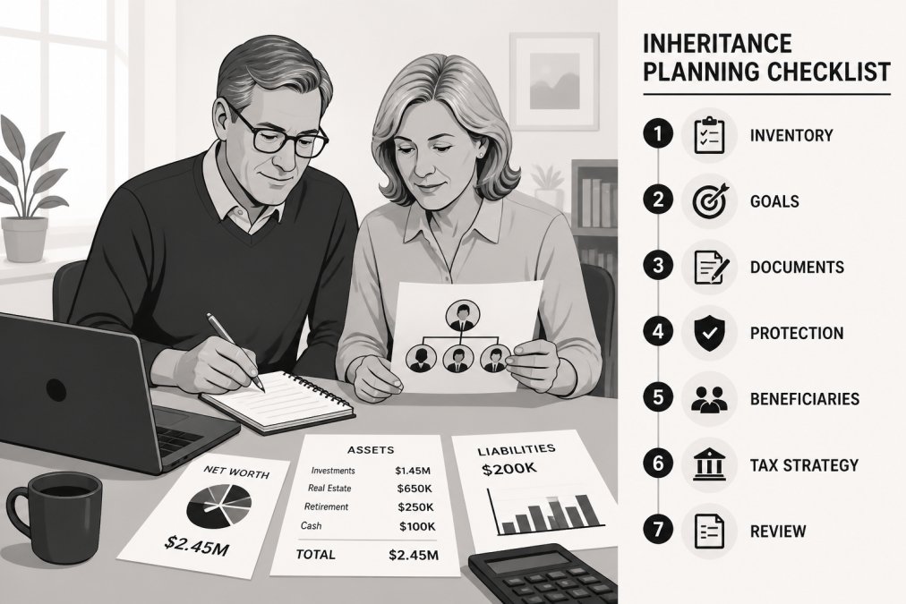 Mature professional couple working through paperwork and planning documents together at their home office table with laptop, notepad, and financial statements in warm natural light