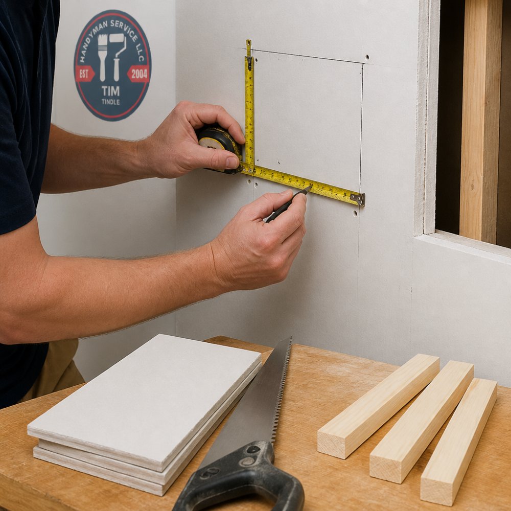 Hands using a tape measure and utility knife to mark measurements on drywall to patch drywall holes on a workbench.