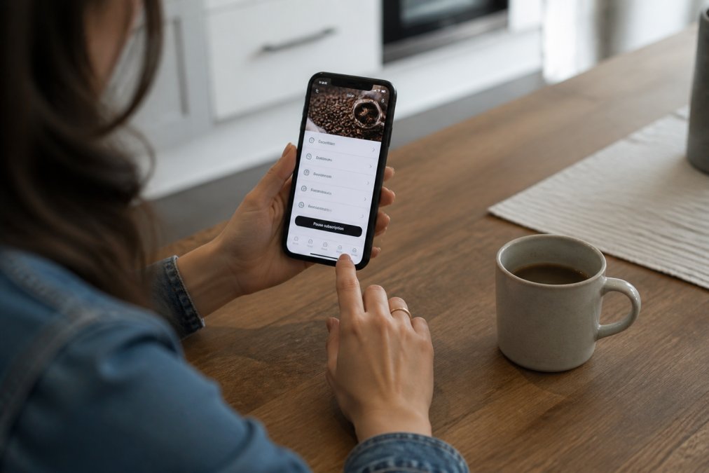 A person holding a smartphone showing a coffee subscription app with a pause button, sitting at a kitchen table with a coffee mug nearby
