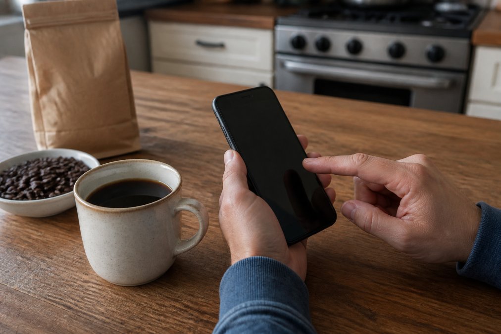 Close-up of a person's hands holding a smartphone displaying a subscription management screen, with a freshly brewed cup of coffee and a bag of whole bean coffee on a wooden kitchen counter nearby