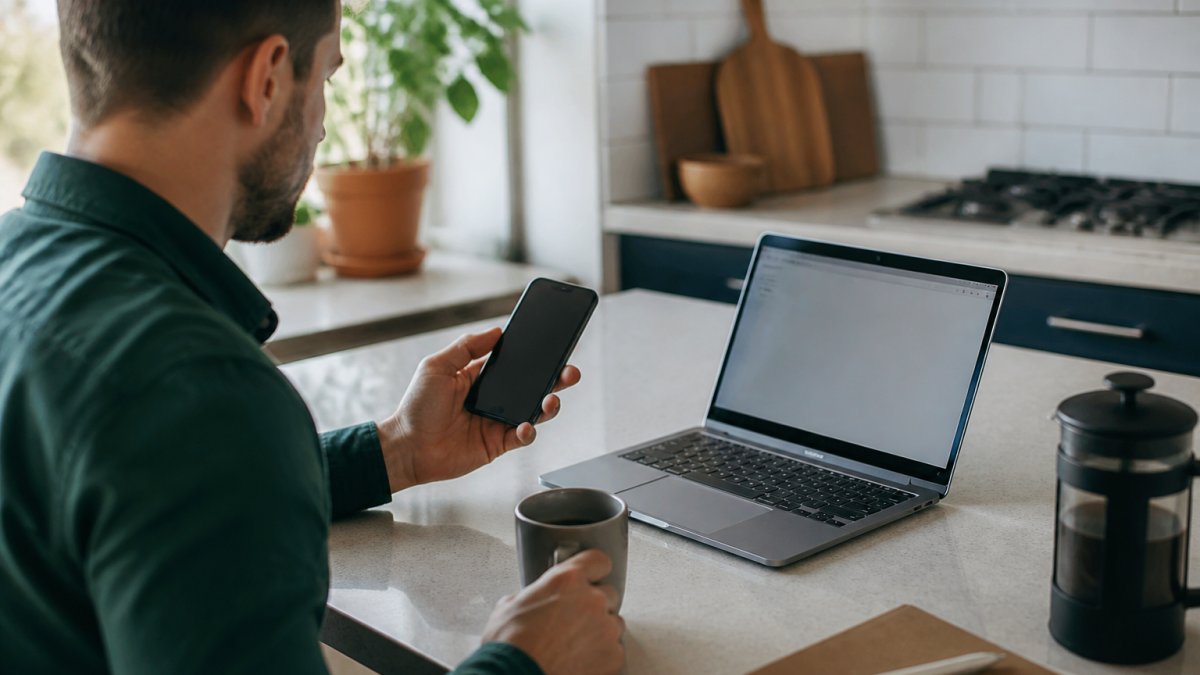 A person at a home desk holding a smartphone in one hand and a coffee mug in the other, laptop open to an account dashboard on a bright kitchen counter