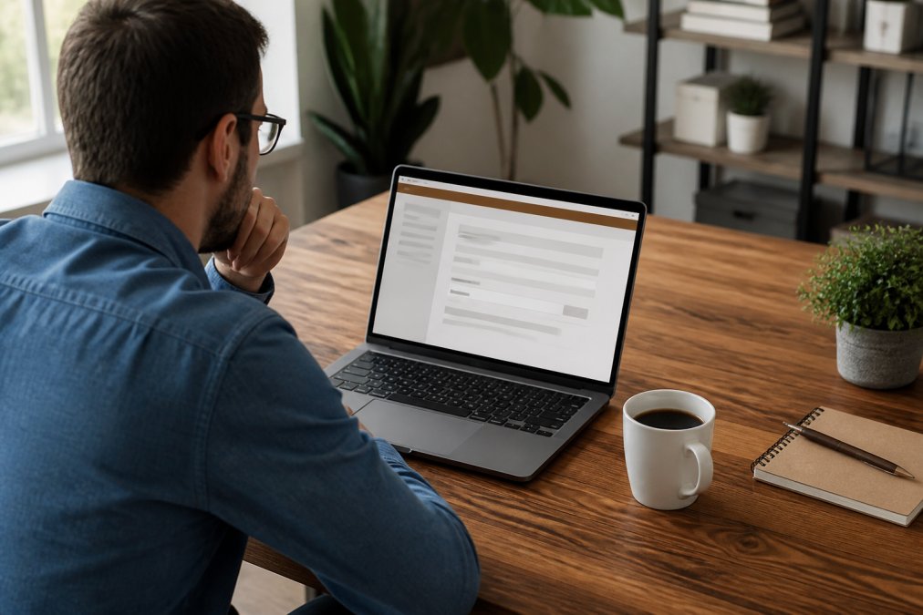 Person at a home office desk with a laptop open showing a subscription account dashboard, with a fresh coffee mug nearby on the wooden surface