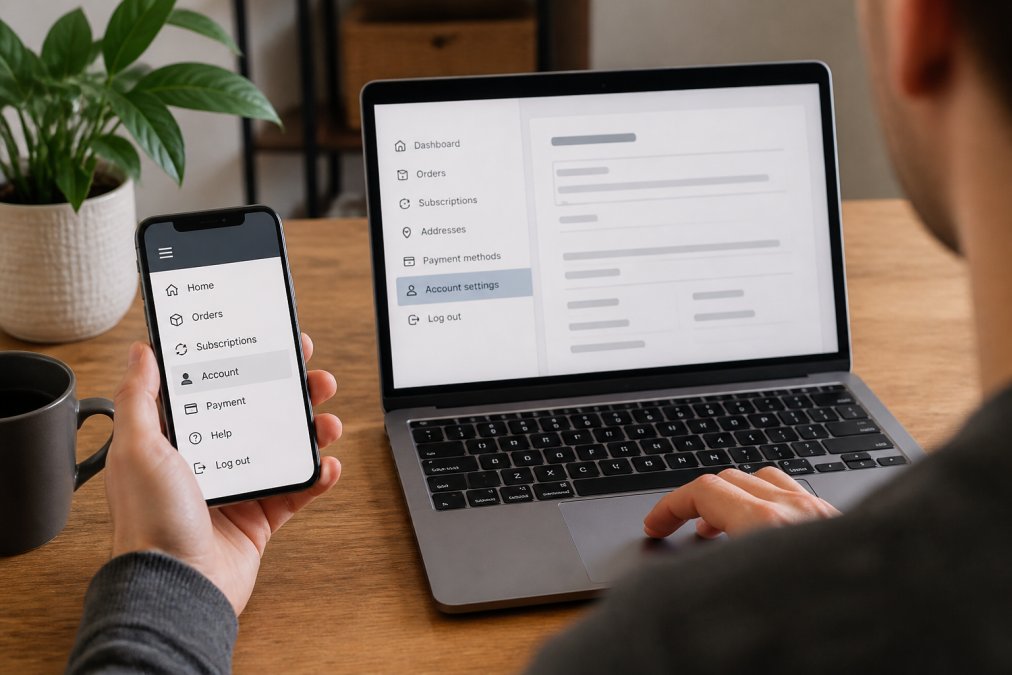 Split-screen comparison of a mobile app subscription settings menu and a desktop browser customer portal, highlighting the different navigation paths