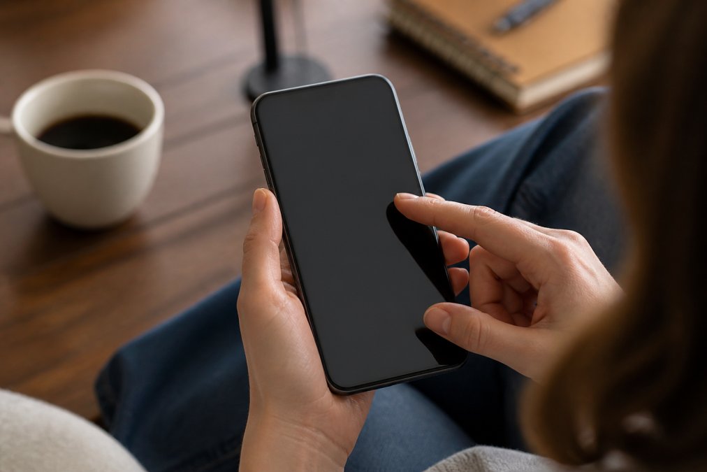 Close-up of hands holding a smartphone displaying a coffee subscription account dashboard with the pause button highlighted on the screen