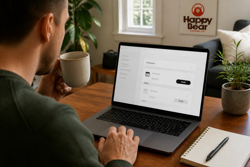 Person sitting at a desk with a laptop open, holding a coffee mug, viewing their subscription account dashboard on screen showing pause and delivery options