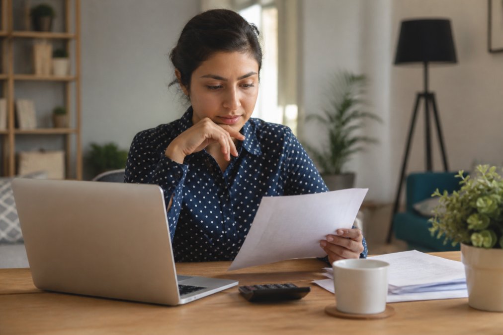 Woman at home on laptop reviewing insurance documents with a cup of coffee nearby, looking focused and confident