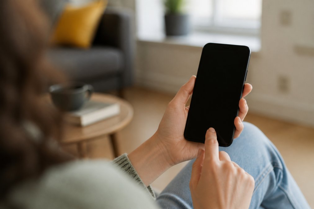 Person holding a smartphone displaying a subscription management dashboard with pause and cancel buttons visible on the screen, with natural indoor lighting