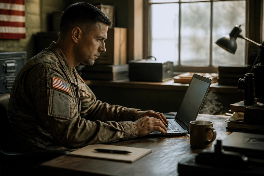 Military personnel at a desk reviewing coffee subscription account dashboard on computer screen with steaming coffee mug nearby, natural office lighting