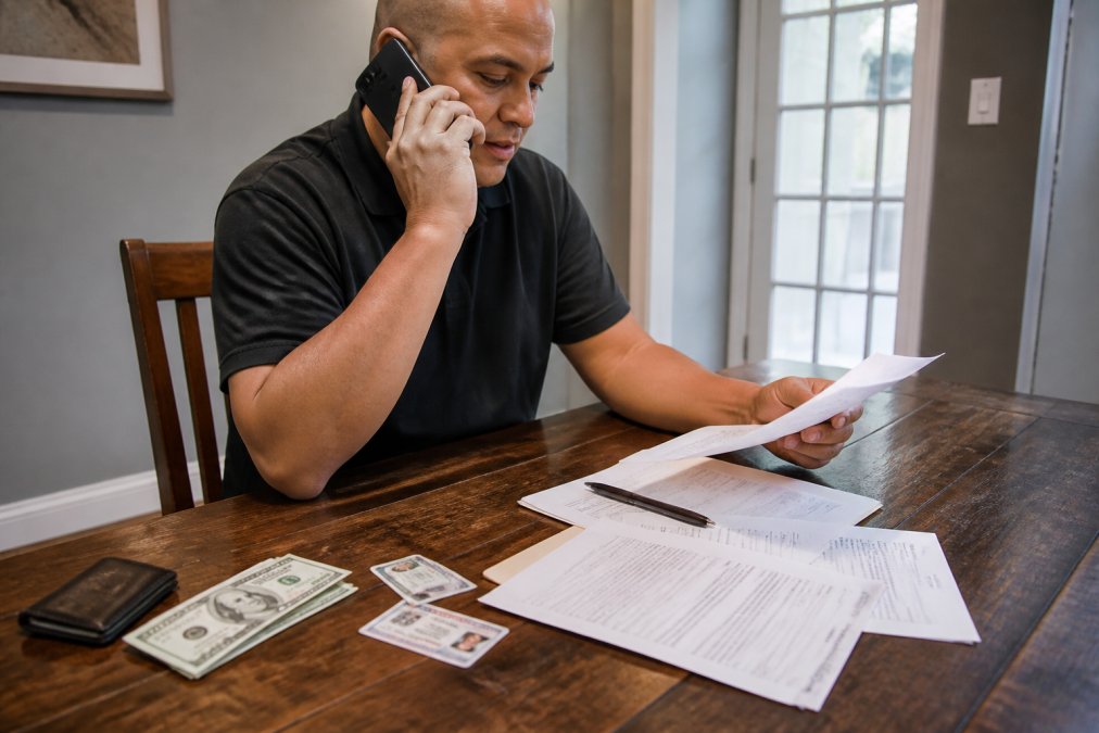 Person on phone with paperwork and identification documents spread on table, making a bail bond payment