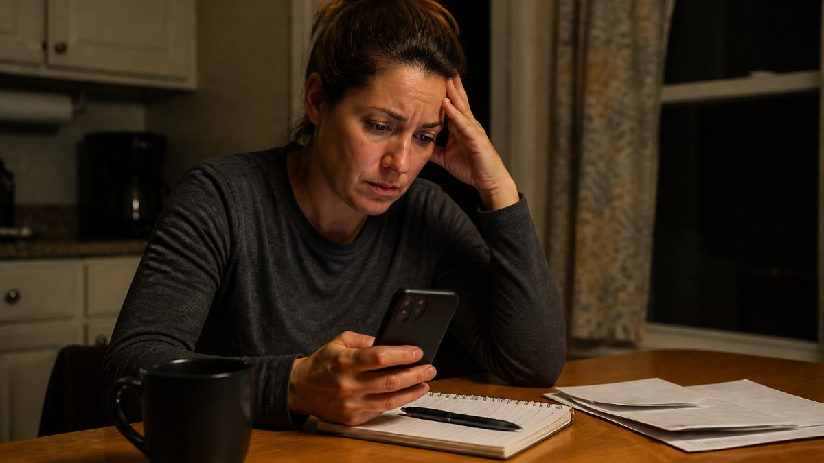 A worried family member sitting at a kitchen table at night, phone in hand, with a notepad and pen nearby, looking focused and determined