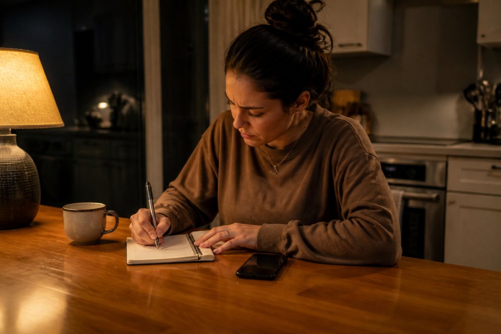 A woman sitting at a kitchen table at night with a notepad and phone, writing down booking information under warm lamp light, looking focused and slightly anxious