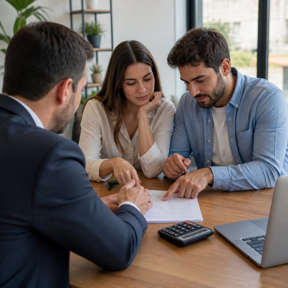 A first-time homebuyer couple sitting at a table with a real estate agent, reviewing a Closing Disclosure document, pointing at numbers, with a laptop and calculator nearby in a bright office