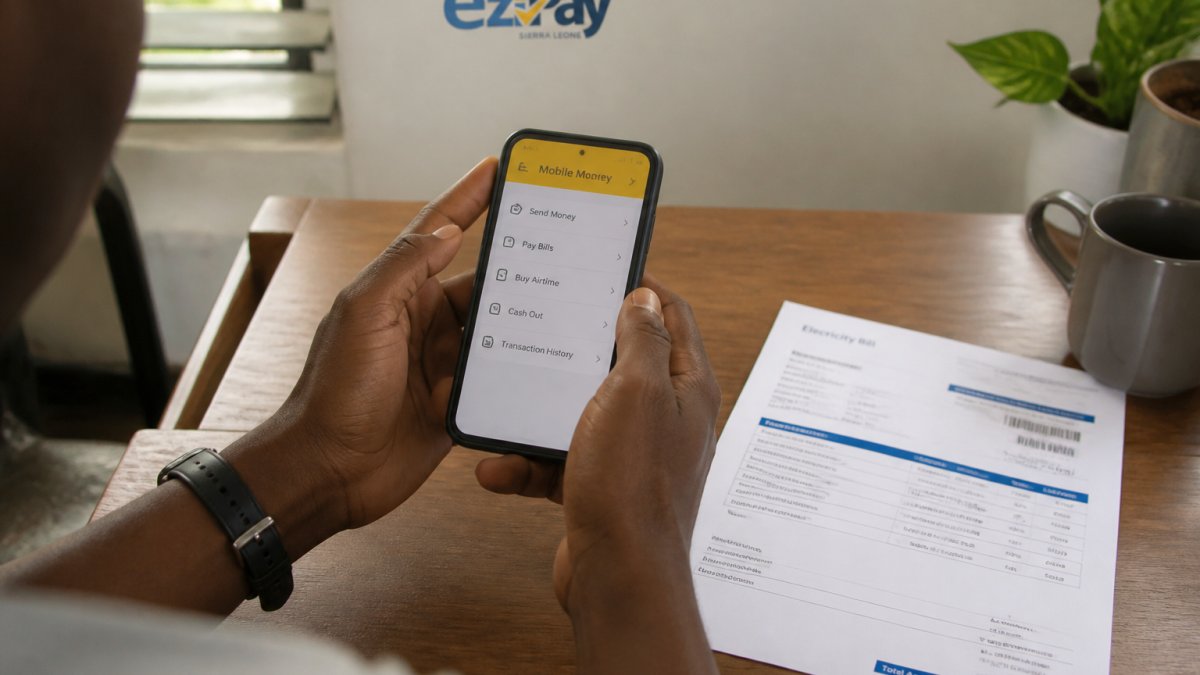 Flowchart showing the steps to pay electricity bills using a mobile money app and a paper utility statement