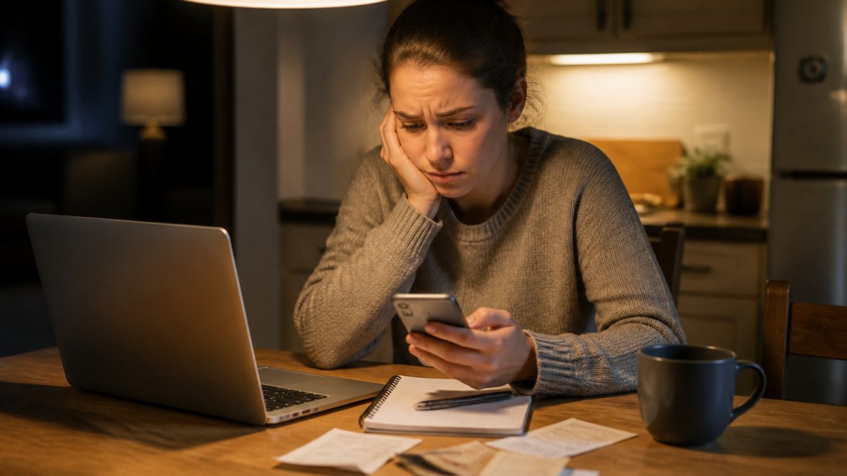 A person sitting at a kitchen table at night, looking at a laptop and phone with a notebook and pen nearby, warm lamp light overhead