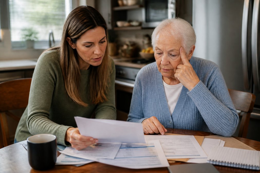 Infographic showing a step-by-step process to pay for senior home care while reviewing family financial documents.