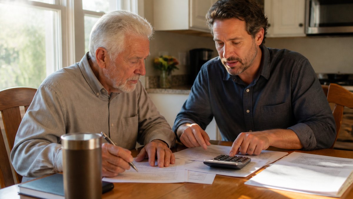 Adult child and aging parent sitting together at a kitchen table with paperwork and a calculator, discussing finances in a warm, supportive home environment, natural afternoon light streaming through the window