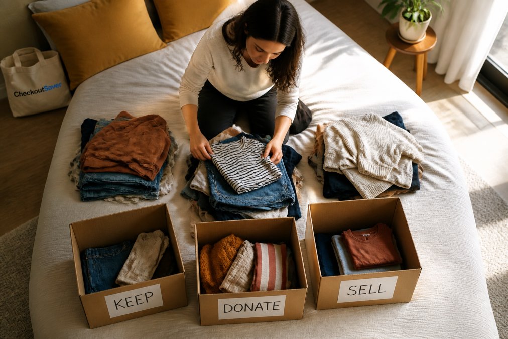 Person sorting clothes into keep, donate, and sell piles on a bed to prepare for fashion retail shopping.